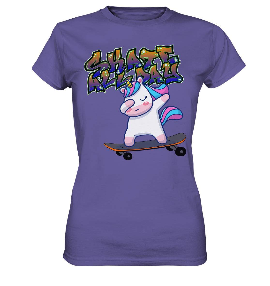 Dabbing Einhorn auf dem Skateboard Skate All Day Graffiti - Ladies Premium Shirt-dabbing einhorn,einhorn motiv,einhorn Skateboard,geschenkidee mit Einhorn,graffiti schrift,longboard outfit,skateboard fahren,skater mädchen