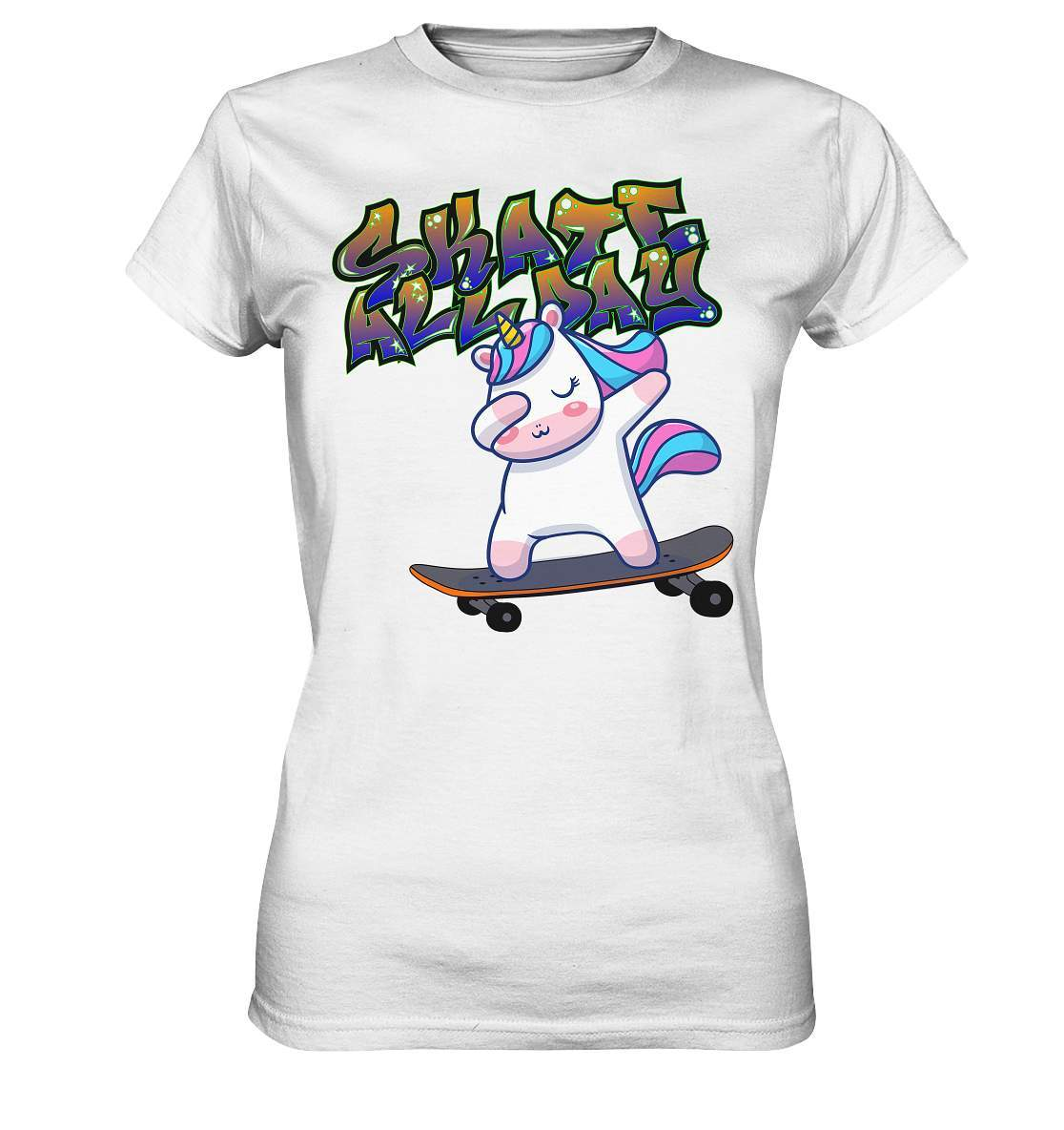 Dabbing Einhorn auf dem Skateboard Skate All Day Graffiti - Ladies Premium Shirt-dabbing einhorn,einhorn motiv,einhorn Skateboard,geschenkidee mit Einhorn,graffiti schrift,longboard outfit,skateboard fahren,skater mädchen