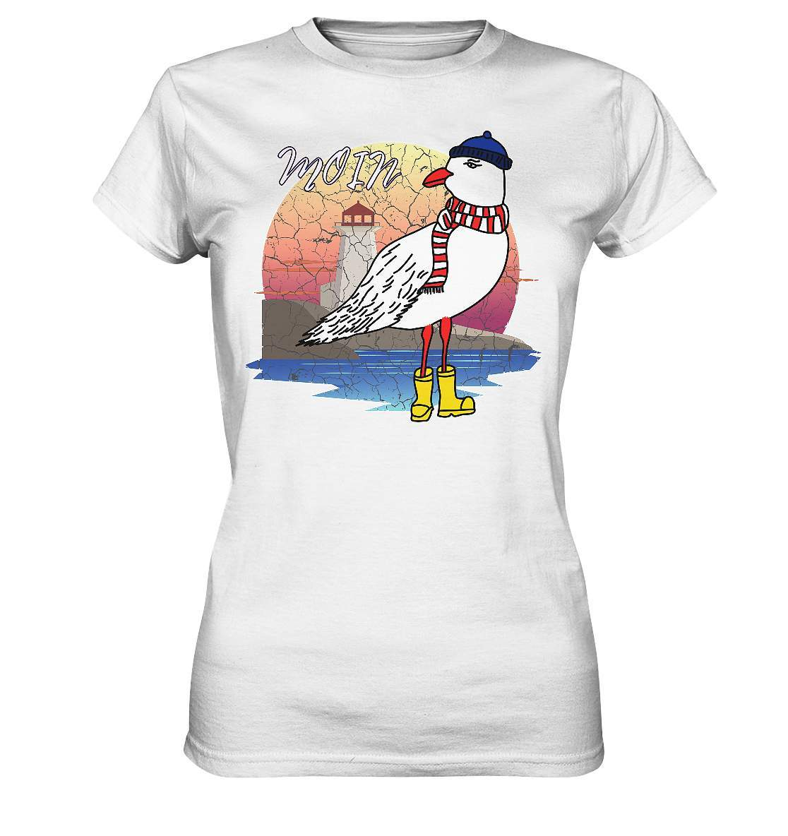 Moin Lässige Möwe im Sonnenaufgang mit Schal und Mütze - Ladies Premium Shirt-Maritim,Maritim Lifestyle,Maritim Style,Moin,Möwe,Möwe im Sonnenaufgang,Nordlicht,Nordsee,Ostsee,Ostseeurlaub,starndliebe,strand motiv,usedom