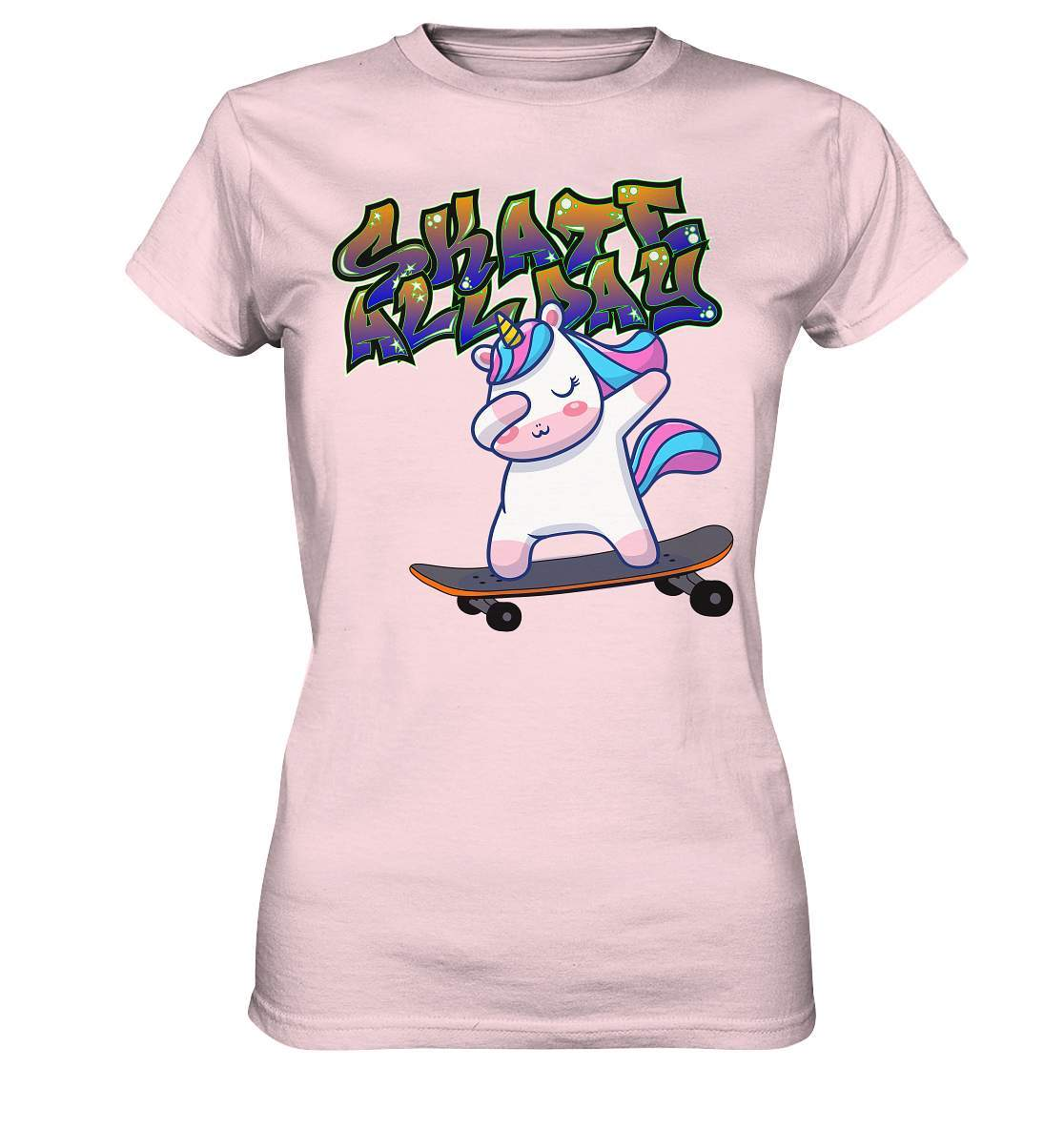 Dabbing Einhorn auf dem Skateboard Skate All Day Graffiti - Ladies Premium Shirt-dabbing einhorn,einhorn motiv,einhorn Skateboard,geschenkidee mit Einhorn,graffiti schrift,longboard outfit,skateboard fahren,skater mädchen