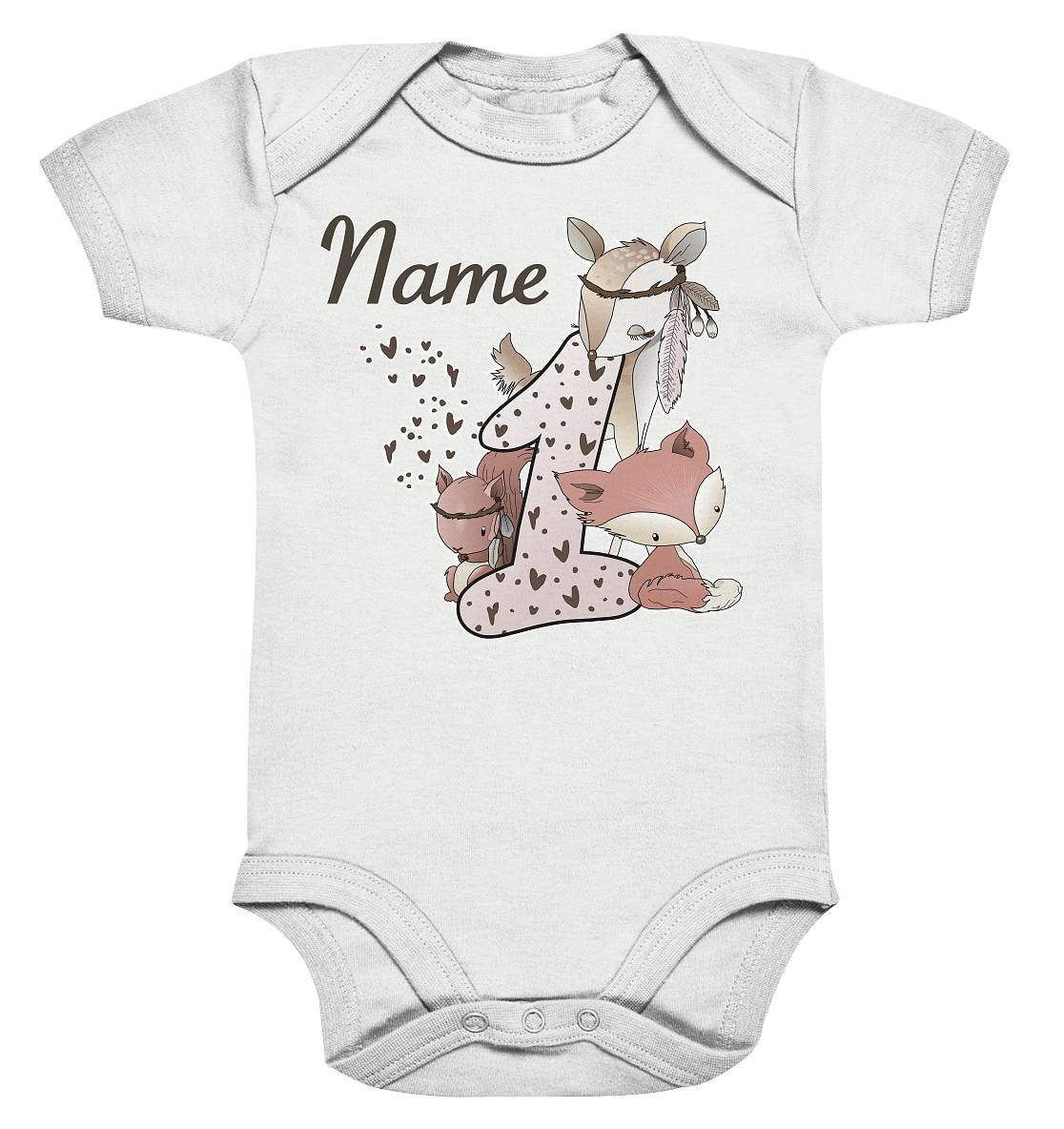 1. Geburtstag Fuchs Reh und Eichhörnchen Rosa Zahl - Organic Baby Bodysuite-1,1. geburtstag,eichhörnchen,eins,erster geburtstag,fuchs,fuchswelpe,geburtstag ideen,Mädchen outfit,nummer 1,reh,rehkitz,waldkinder,zahl 1