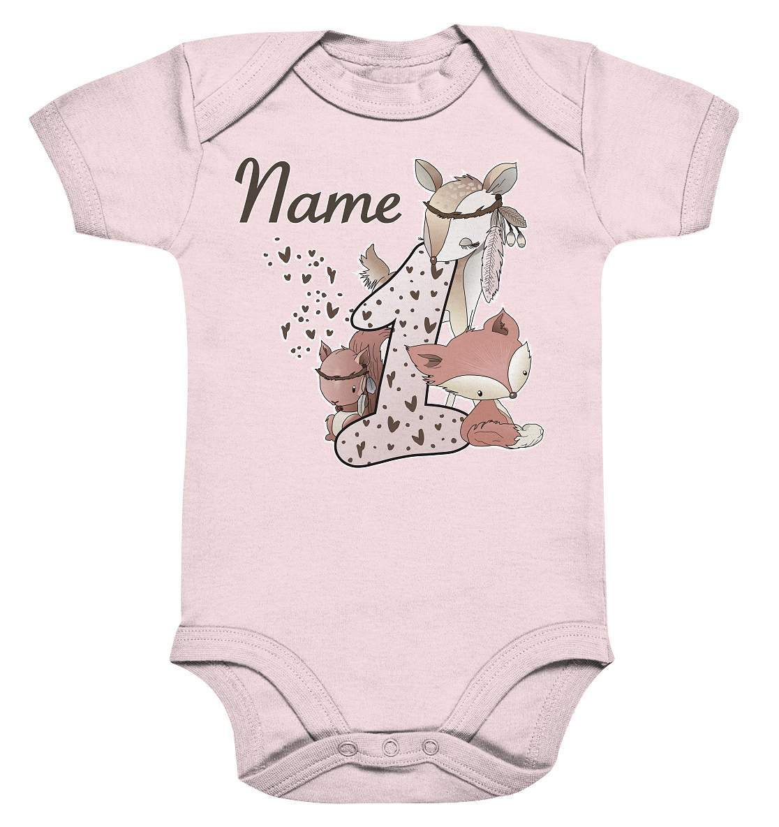 1. Geburtstag Fuchs Reh und Eichhörnchen Rosa Zahl - Organic Baby Bodysuite-1,1. geburtstag,eichhörnchen,eins,erster geburtstag,fuchs,fuchswelpe,geburtstag ideen,Mädchen outfit,nummer 1,reh,rehkitz,waldkinder,zahl 1