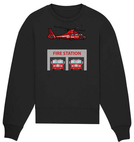 Feuerwehr Helikopter Fire Station - Organic Oversize Sweatshirt-berufsfeuerwehr,feuerwehr,Feuerwehrfrau,Feuerwehrmann,freiwillige feuerwehr,geschenk,helikopter,jugendfeuerwehr,jungen,mädchen