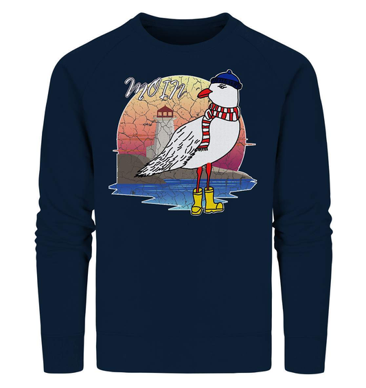 Moin Lässige Möwe im Sonnenaufgang mit Schal und Mütze - Organic Sweatshirt-Maritim,Maritim Lifestyle,Maritim Style,Moin,Möwe,Möwe im Sonnenaufgang,Nordlicht,Nordsee,Ostsee,Ostseeurlaub,starndliebe,strand motiv,usedom