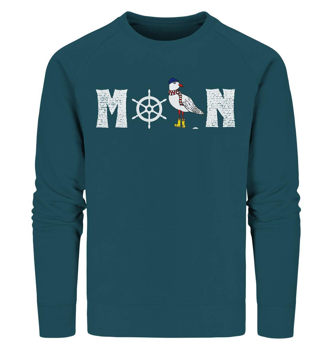 Moin mit Möwe und Steuerrad Nordsee Ostsee Maritim Style  - Organic Sweatshirt-Maritim,Maritim Lifestyle,Maritim Style,Moin,Möwe,Möwe mit Mütze,Möwe mit Schal,Möwe mit Stiefel,Nordlicht,Nordsee,Ostsee,Ostseeurlaub,Steuerrad