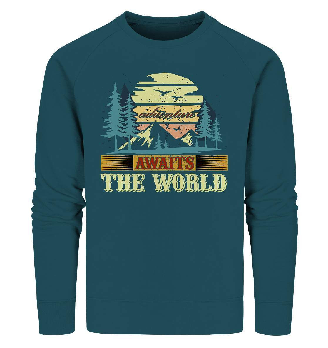 Vintage Adventure Awaits The World Reiselust - Organic Sweatshirt-abenteuer,abenteuer warten,Adventure Awaits The World,berge,erlebnis,nomaden,reiselust,reisen,wald,wohnwagen,wohnwagen reise,wälder,zugreise