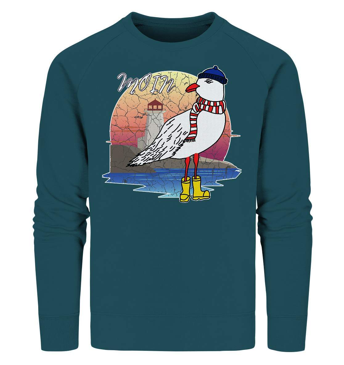 Moin Lässige Möwe im Sonnenaufgang mit Schal und Mütze - Organic Sweatshirt-Maritim,Maritim Lifestyle,Maritim Style,Moin,Möwe,Möwe im Sonnenaufgang,Nordlicht,Nordsee,Ostsee,Ostseeurlaub,starndliebe,strand motiv,usedom