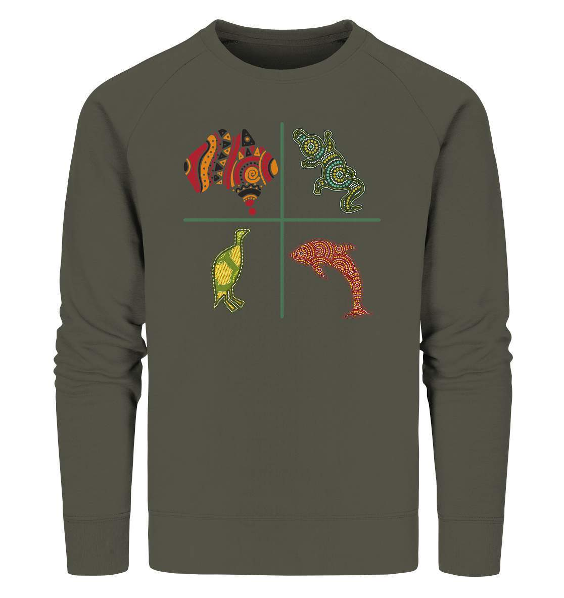 Aboriginal Australian Punktekunst Tiere - Organic Sweatshirt-aborigines art,delfin,delphin,dotart,eingeboren,eingeborene australien,hand,kiwi,kroko,krokodil,kunst australien,Punktart,punkte,Punktkunst,stammeskunst,tasmanisch