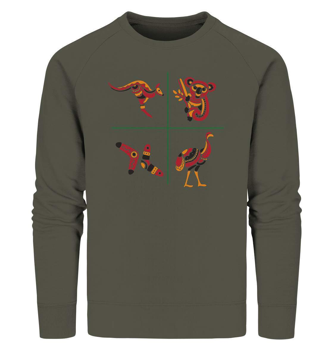 Australiens Schönheit in 4 Elementen - Organic Sweatshirt-aborigines,Australien,boomerang,eingeboren,eingeborene australien,emu,hand,koala,kunst australien,känguru,Outback,punkte,stammeskunst,tasmanisch