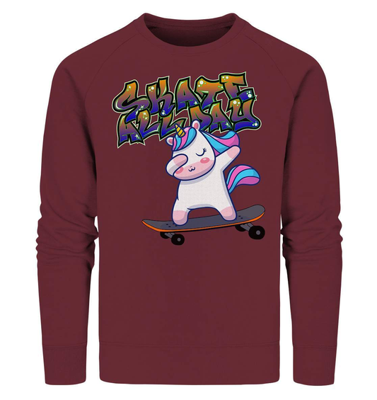 Dabbing Einhorn auf dem Skateboard Skate All Day Graffiti - Organic Sweatshirt-dabbing einhorn,einhorn motiv,einhorn Skateboard,geschenkidee mit Einhorn,graffiti schrift,longboard outfit,skateboard fahren,skater mädchen