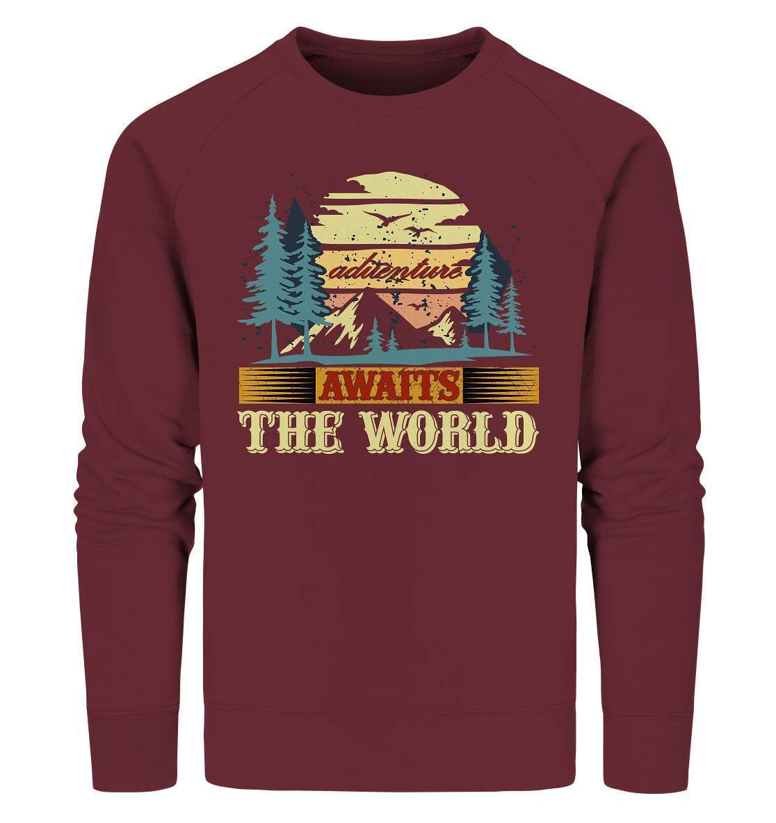 Vintage Adventure Awaits The World Reiselust - Organic Sweatshirt-abenteuer,abenteuer warten,Adventure Awaits The World,berge,erlebnis,nomaden,reiselust,reisen,wald,wohnwagen,wohnwagen reise,wälder,zugreise