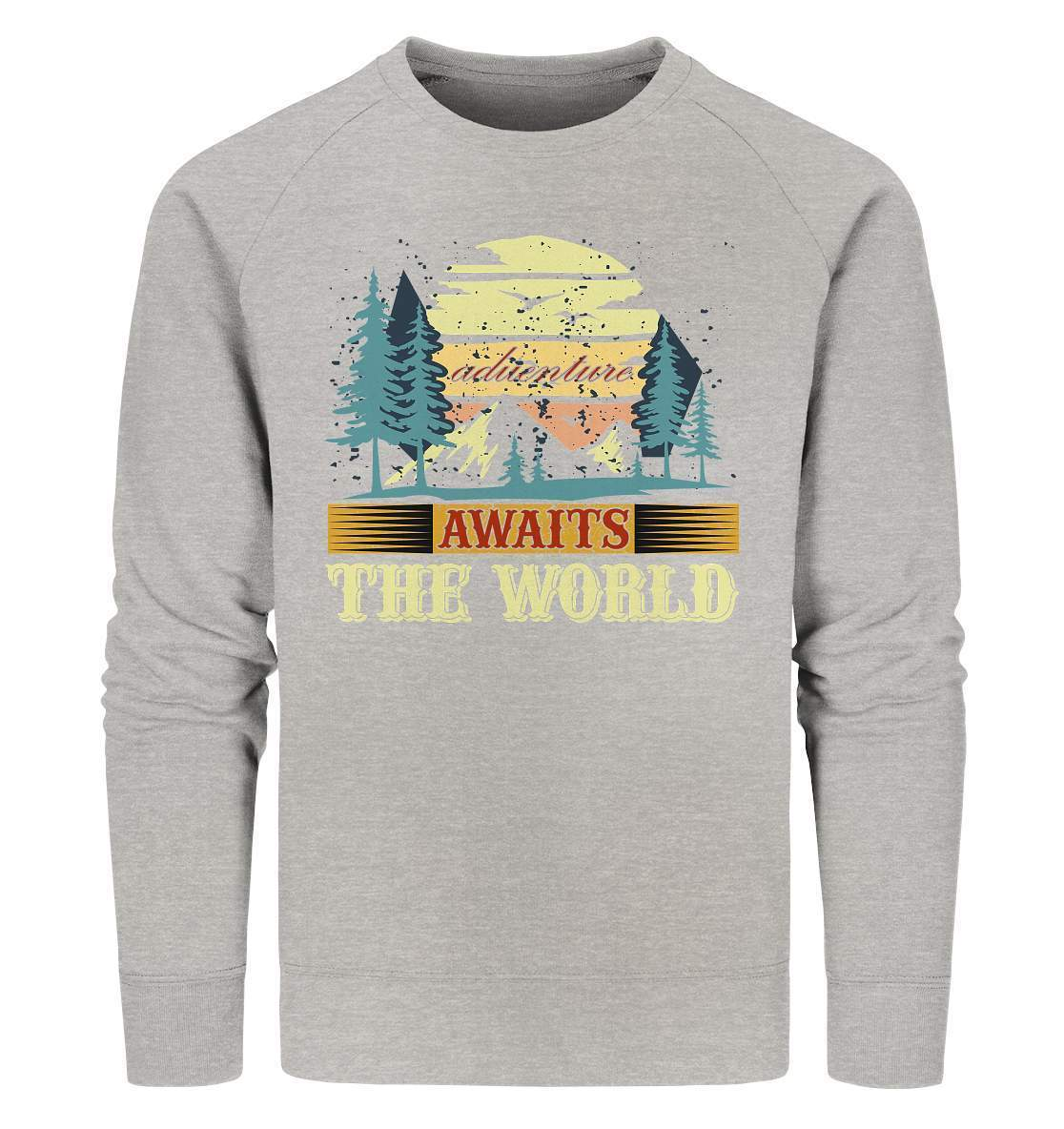 Vintage Adventure Awaits The World Reiselust - Organic Sweatshirt-abenteuer,abenteuer warten,Adventure Awaits The World,berge,erlebnis,nomaden,reiselust,reisen,wald,wohnwagen,wohnwagen reise,wälder,zugreise