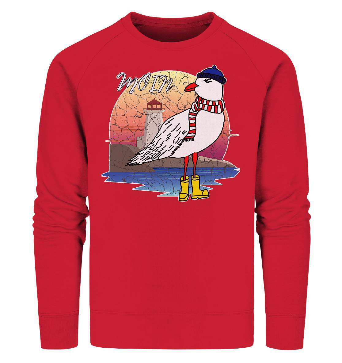 Moin Lässige Möwe im Sonnenaufgang mit Schal und Mütze - Organic Sweatshirt-Maritim,Maritim Lifestyle,Maritim Style,Moin,Möwe,Möwe im Sonnenaufgang,Nordlicht,Nordsee,Ostsee,Ostseeurlaub,starndliebe,strand motiv,usedom