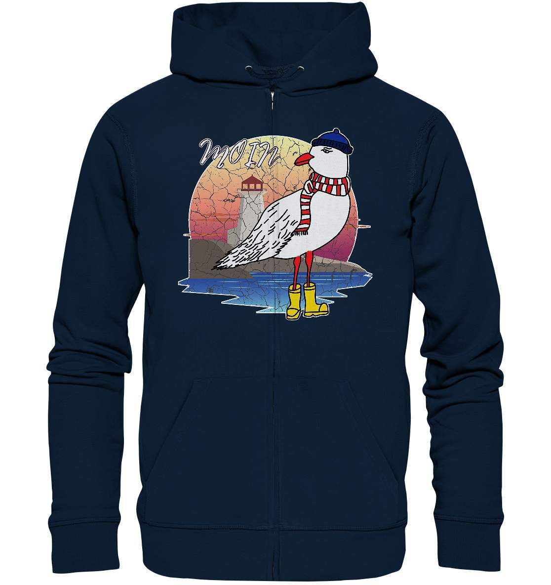 Moin Lässige Möwe im Sonnenaufgang mit Schal und Mütze - Organic Zipper-Maritim,Maritim Lifestyle,Maritim Style,Moin,Möwe,Möwe im Sonnenaufgang,Nordlicht,Nordsee,Ostsee,Ostseeurlaub,starndliebe,strand motiv,usedom