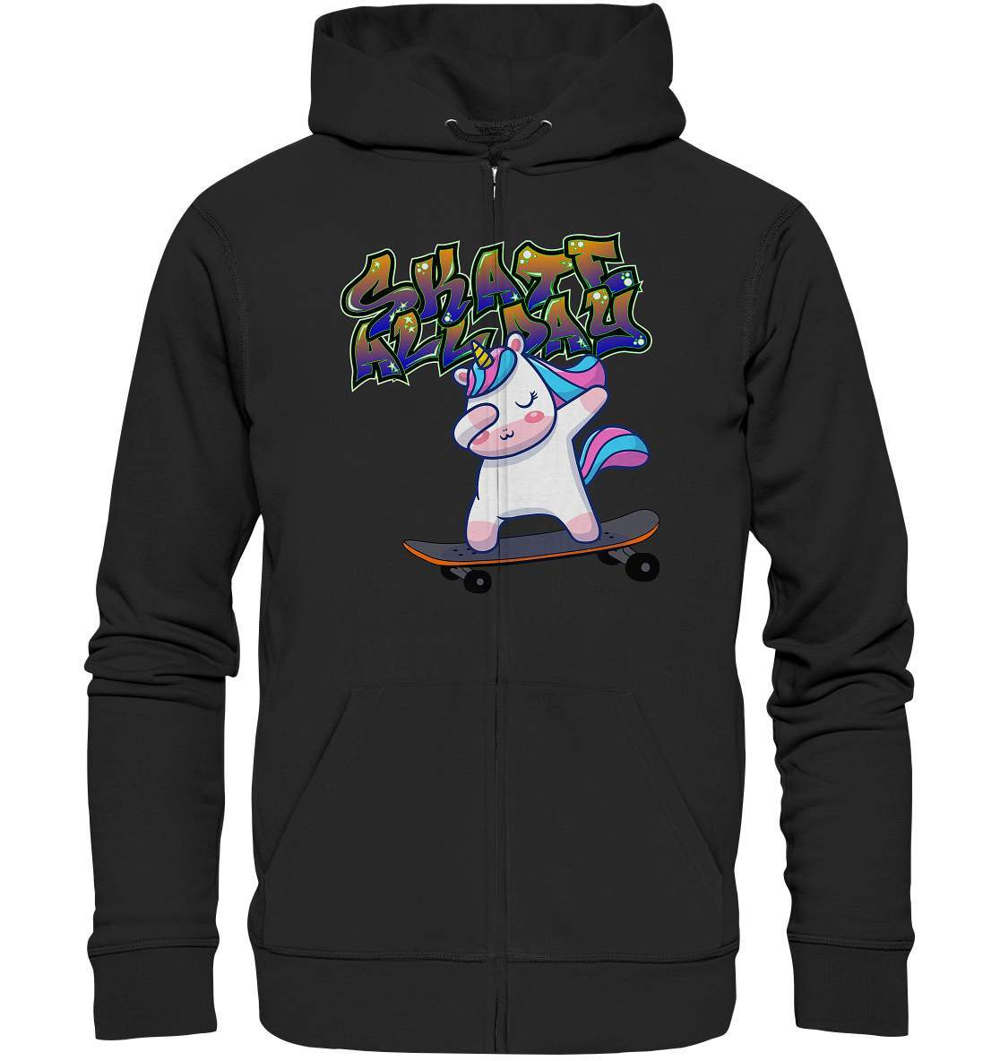 Dabbing Einhorn auf dem Skateboard Skate All Day Graffiti - Organic Zipper-dabbing einhorn,einhorn motiv,einhorn Skateboard,geschenkidee mit Einhorn,graffiti schrift,longboard outfit,skateboard fahren,skater mädchen