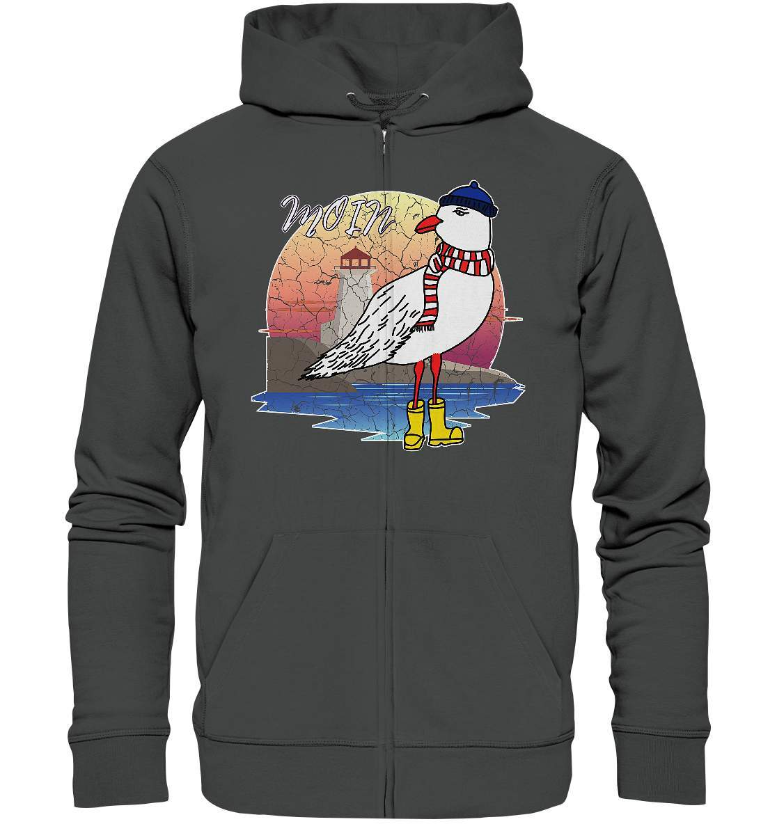 Moin Lässige Möwe im Sonnenaufgang mit Schal und Mütze - Organic Zipper-Maritim,Maritim Lifestyle,Maritim Style,Moin,Möwe,Möwe im Sonnenaufgang,Nordlicht,Nordsee,Ostsee,Ostseeurlaub,starndliebe,strand motiv,usedom