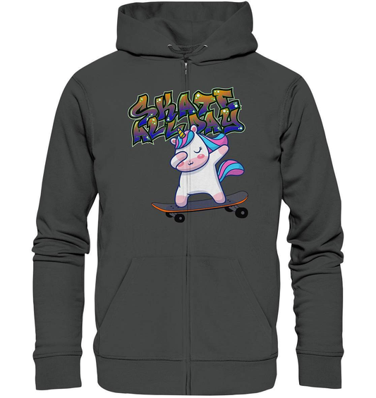 Dabbing Einhorn auf dem Skateboard Skate All Day Graffiti - Organic Zipper-dabbing einhorn,einhorn motiv,einhorn Skateboard,geschenkidee mit Einhorn,graffiti schrift,longboard outfit,skateboard fahren,skater mädchen