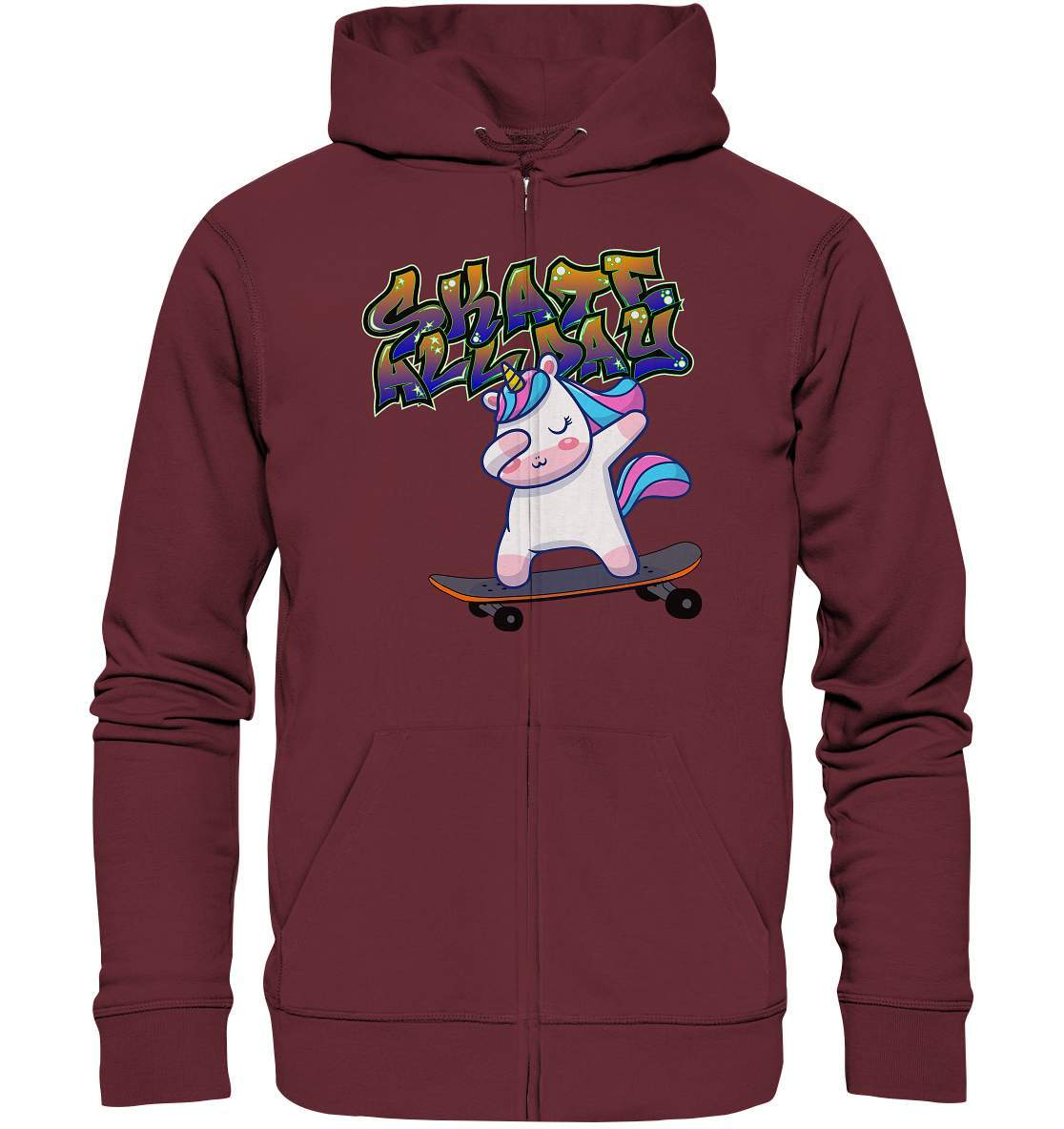 Dabbing Einhorn auf dem Skateboard Skate All Day Graffiti - Organic Zipper-dabbing einhorn,einhorn motiv,einhorn Skateboard,geschenkidee mit Einhorn,graffiti schrift,longboard outfit,skateboard fahren,skater mädchen