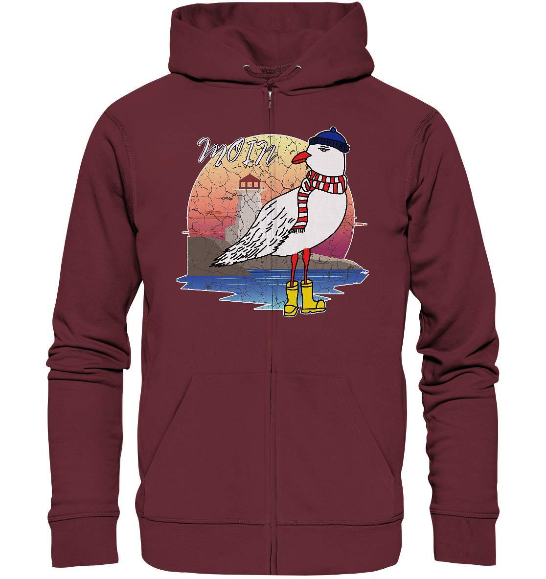 Moin Lässige Möwe im Sonnenaufgang mit Schal und Mütze - Organic Zipper-Maritim,Maritim Lifestyle,Maritim Style,Moin,Möwe,Möwe im Sonnenaufgang,Nordlicht,Nordsee,Ostsee,Ostseeurlaub,starndliebe,strand motiv,usedom