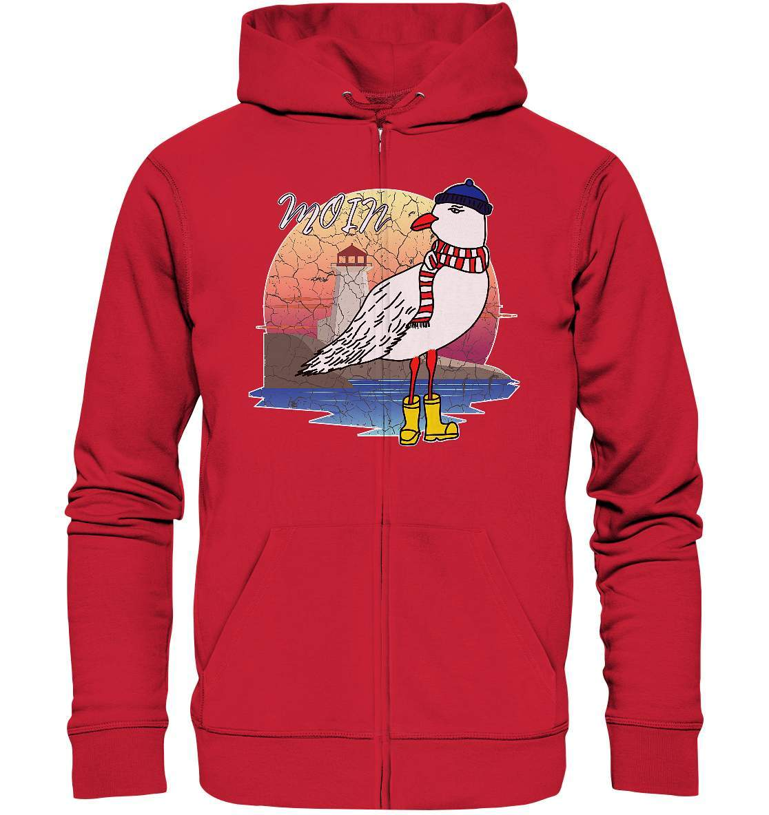 Moin Lässige Möwe im Sonnenaufgang mit Schal und Mütze - Organic Zipper-Maritim,Maritim Lifestyle,Maritim Style,Moin,Möwe,Möwe im Sonnenaufgang,Nordlicht,Nordsee,Ostsee,Ostseeurlaub,starndliebe,strand motiv,usedom