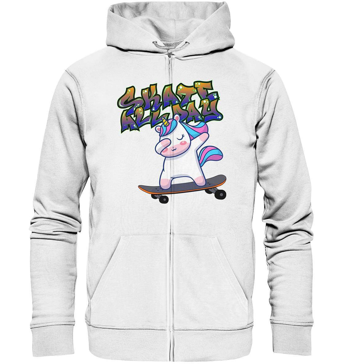 Dabbing Einhorn auf dem Skateboard Skate All Day Graffiti - Organic Zipper-dabbing einhorn,einhorn motiv,einhorn Skateboard,geschenkidee mit Einhorn,graffiti schrift,longboard outfit,skateboard fahren,skater mädchen