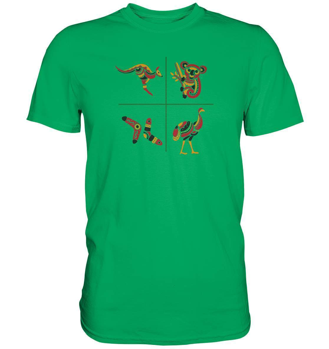 Australiens Schönheit in 4 Elementen - Premium Shirt-aborigines,Australien,boomerang,eingeboren,eingeborene australien,emu,hand,koala,kunst australien,känguru,Outback,punkte,stammeskunst,tasmanisch