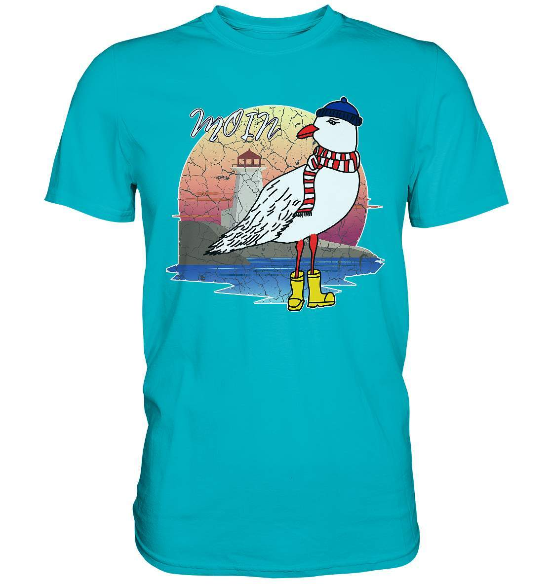 Moin Lässige Möwe im Sonnenaufgang mit Schal und Mütze - Premium Shirt-Maritim,Maritim Lifestyle,Maritim Style,Moin,Möwe,Möwe im Sonnenaufgang,Nordlicht,Nordsee,Ostsee,Ostseeurlaub,starndliebe,strand motiv,usedom