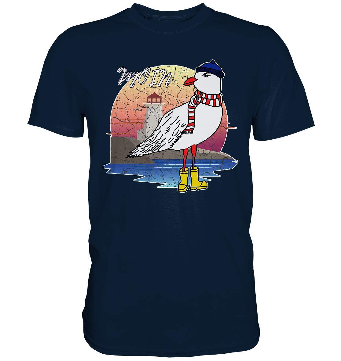 Moin Lässige Möwe im Sonnenaufgang mit Schal und Mütze - Premium Shirt-Maritim,Maritim Lifestyle,Maritim Style,Moin,Möwe,Möwe im Sonnenaufgang,Nordlicht,Nordsee,Ostsee,Ostseeurlaub,starndliebe,strand motiv,usedom