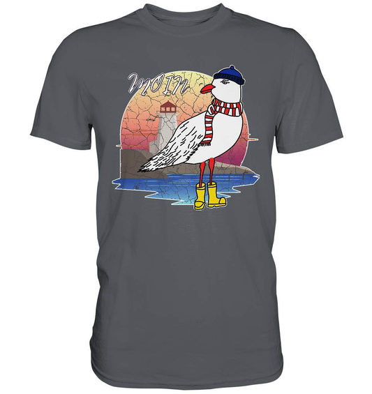 Moin Lässige Möwe im Sonnenaufgang mit Schal und Mütze - Premium Shirt-Maritim,Maritim Lifestyle,Maritim Style,Moin,Möwe,Möwe im Sonnenaufgang,Nordlicht,Nordsee,Ostsee,Ostseeurlaub,starndliebe,strand motiv,usedom