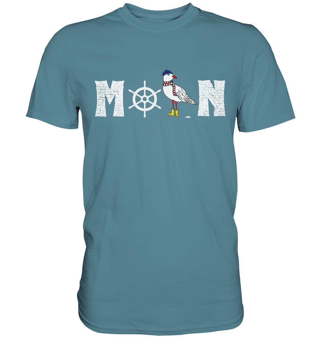 Moin mit Möwe und Steuerrad Nordsee Ostsee Maritim Style  - Premium Shirt-Maritim,Maritim Lifestyle,Maritim Style,Moin,Möwe,Möwe mit Mütze,Möwe mit Schal,Möwe mit Stiefel,Nordlicht,Nordsee,Ostsee,Ostseeurlaub,Steuerrad