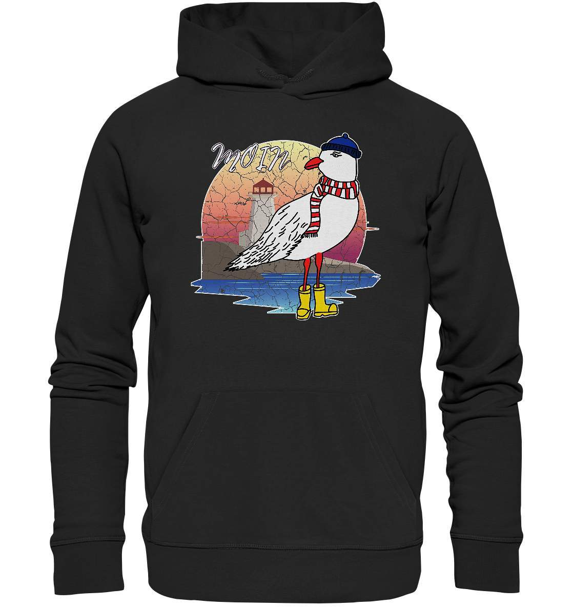 Moin Lässige Möwe im Sonnenaufgang mit Schal und Mütze - Premium Unisex Hoodie-Maritim,Maritim Lifestyle,Maritim Style,Moin,Möwe,Möwe im Sonnenaufgang,Nordlicht,Nordsee,Ostsee,Ostseeurlaub,starndliebe,strand motiv,usedom