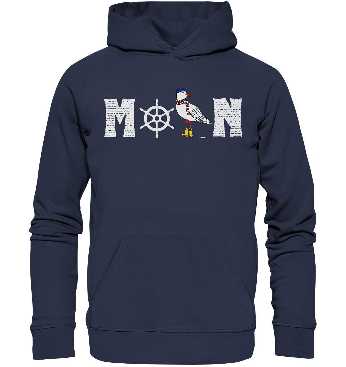 Moin mit Möwe und Steuerrad Nordsee Ostsee Maritim Style  - Premium Unisex Hoodie-Maritim,Maritim Lifestyle,Maritim Style,Moin,Möwe,Möwe mit Mütze,Möwe mit Schal,Möwe mit Stiefel,Nordlicht,Nordsee,Ostsee,Ostseeurlaub,Steuerrad