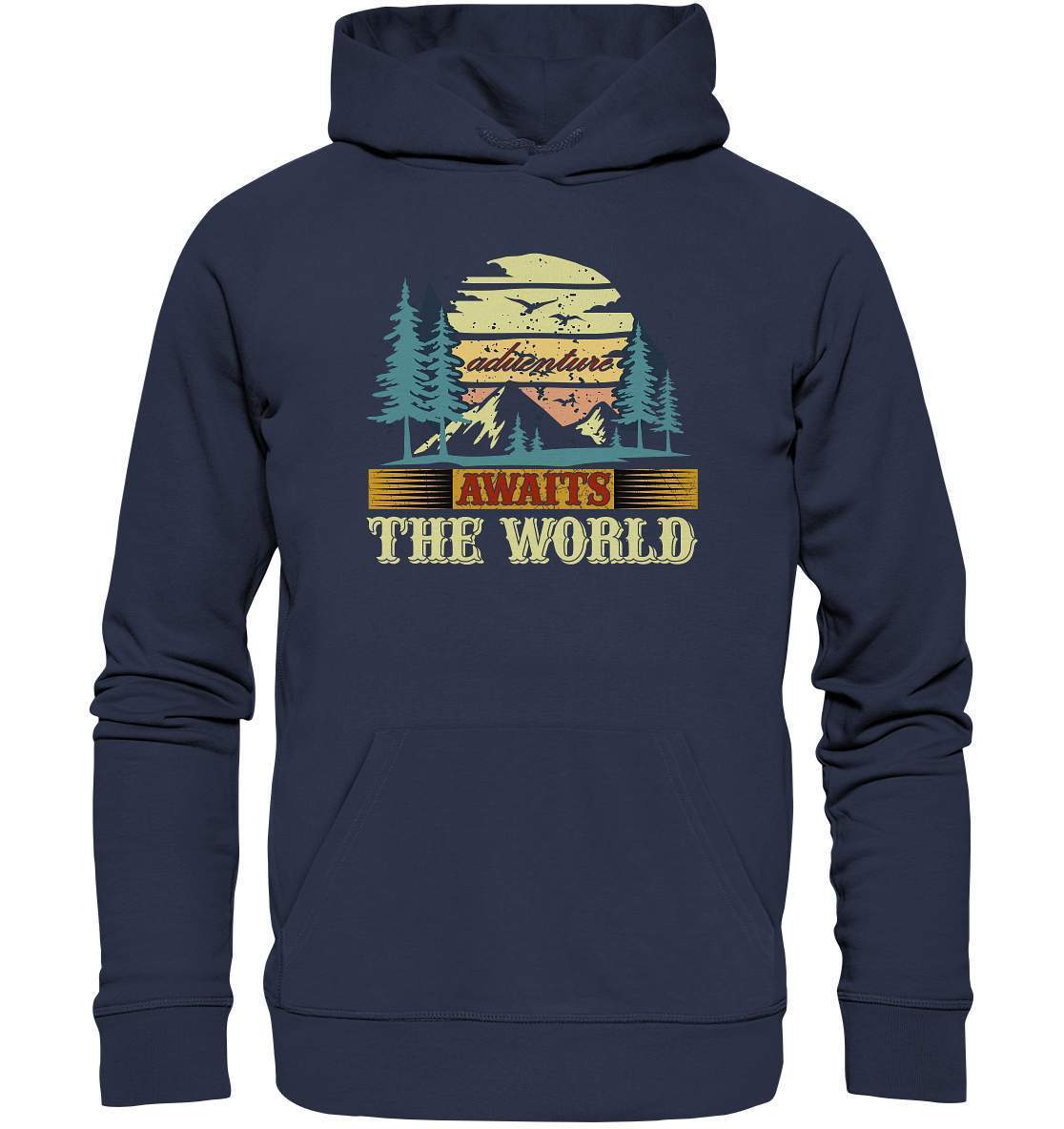 Vintage Adventure Awaits The World Reiselust - Premium Unisex Hoodie-abenteuer,abenteuer warten,Adventure Awaits The World,berge,erlebnis,nomaden,reiselust,reisen,wald,wohnwagen,wohnwagen reise,wälder,zugreise