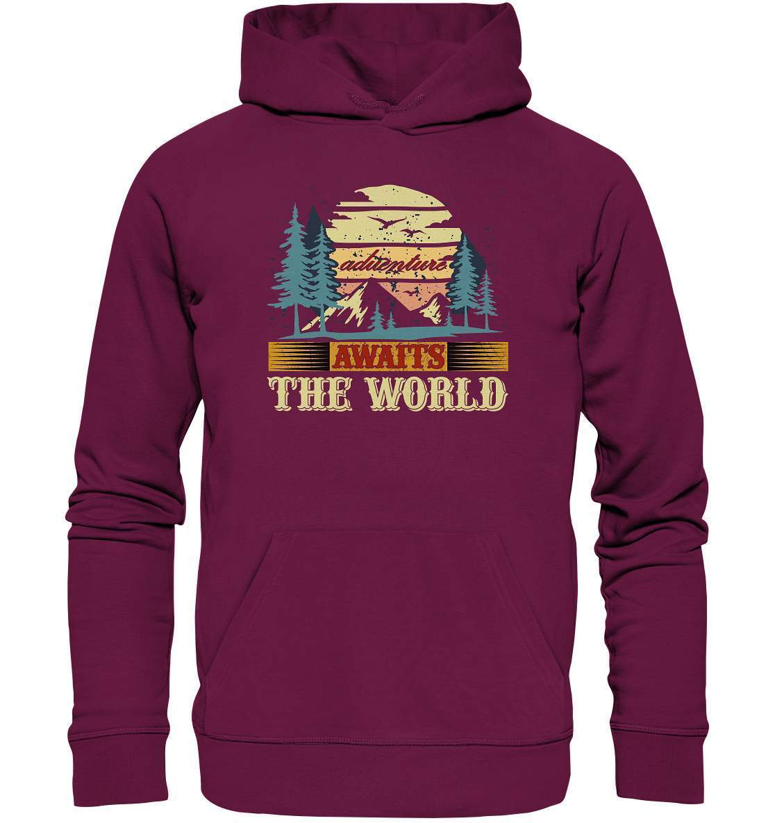 Vintage Adventure Awaits The World Reiselust - Premium Unisex Hoodie-abenteuer,abenteuer warten,Adventure Awaits The World,berge,erlebnis,nomaden,reiselust,reisen,wald,wohnwagen,wohnwagen reise,wälder,zugreise