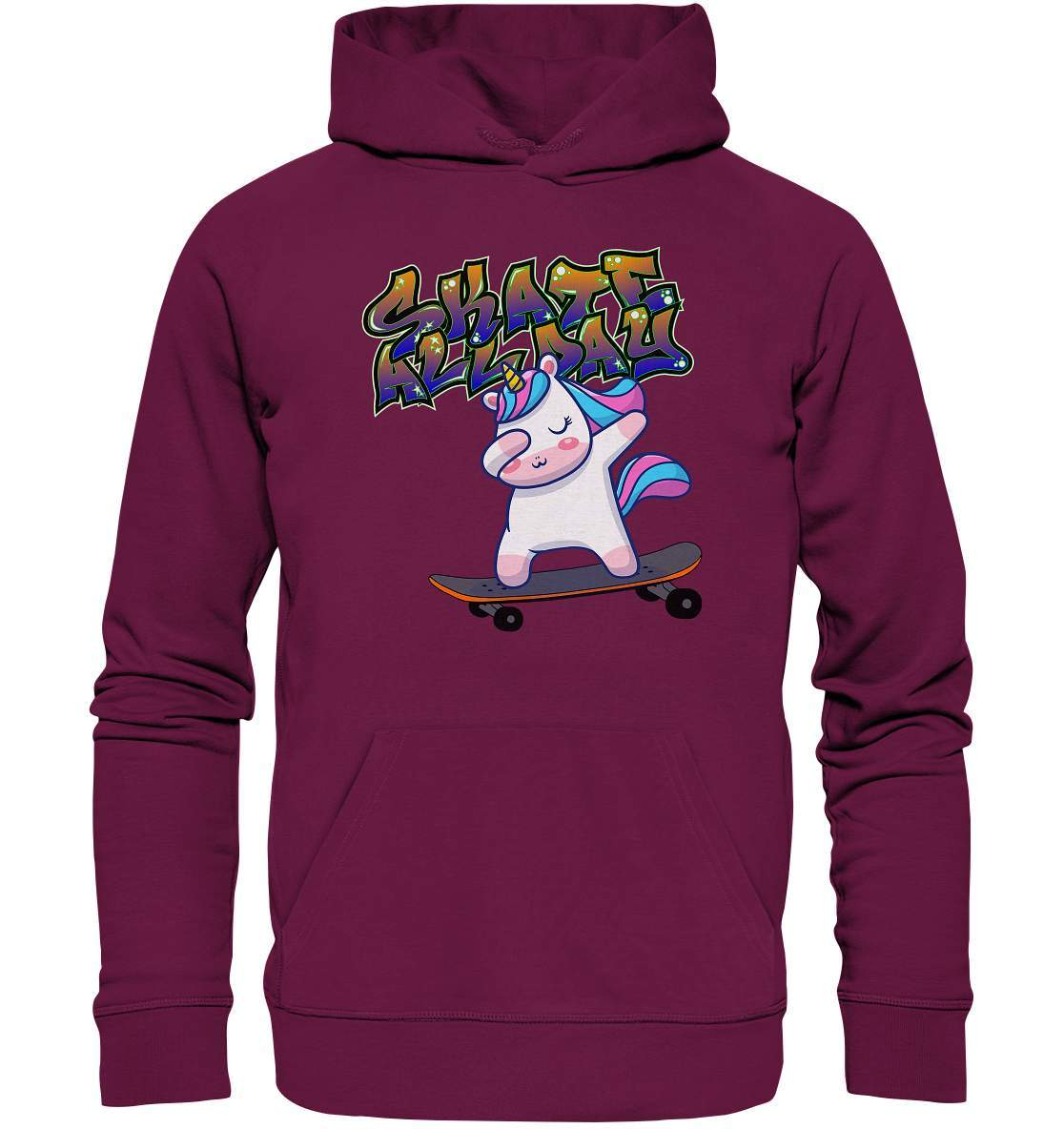 Dabbing Einhorn auf dem Skateboard Skate All Day Graffiti - Premium Unisex Hoodie-dabbing einhorn,einhorn motiv,einhorn Skateboard,geschenkidee mit Einhorn,graffiti schrift,longboard outfit,skateboard fahren,skater mädchen