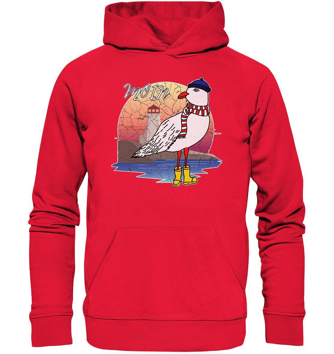 Moin Lässige Möwe im Sonnenaufgang mit Schal und Mütze - Premium Unisex Hoodie-Maritim,Maritim Lifestyle,Maritim Style,Moin,Möwe,Möwe im Sonnenaufgang,Nordlicht,Nordsee,Ostsee,Ostseeurlaub,starndliebe,strand motiv,usedom