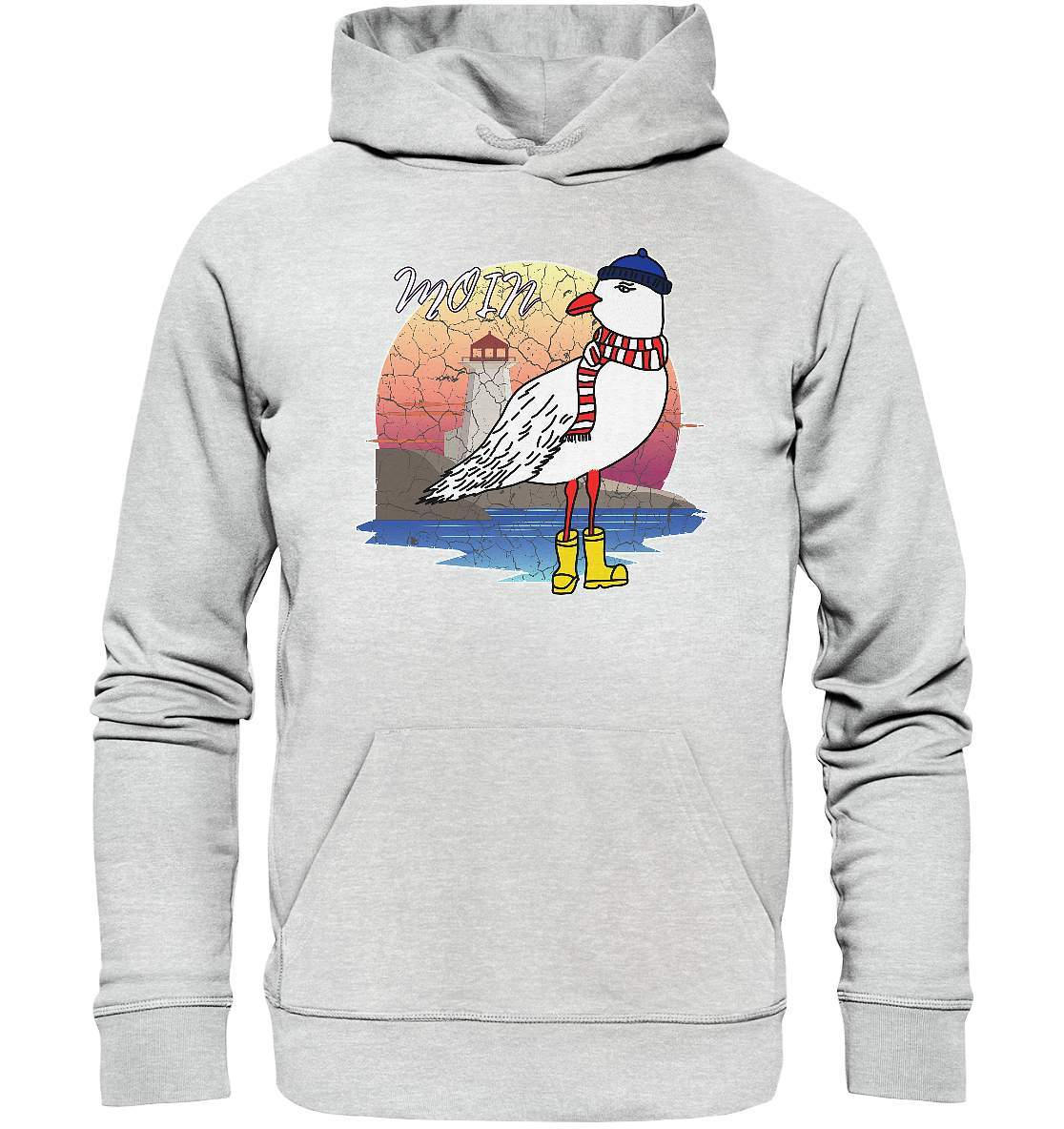 Moin Lässige Möwe im Sonnenaufgang mit Schal und Mütze - Premium Unisex Hoodie-Maritim,Maritim Lifestyle,Maritim Style,Moin,Möwe,Möwe im Sonnenaufgang,Nordlicht,Nordsee,Ostsee,Ostseeurlaub,starndliebe,strand motiv,usedom