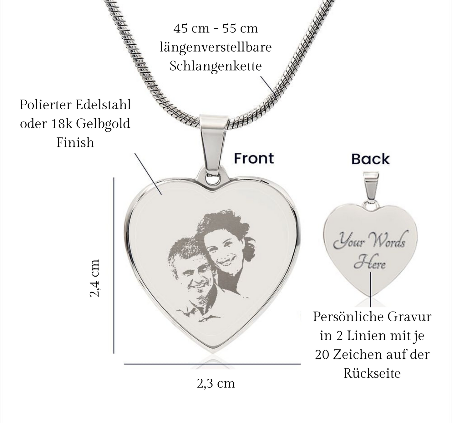 Halskette mit Herzanhänger und Deinem Foto als Gravur zusätzliche persönlicher Gravur auf der Rückseite optional